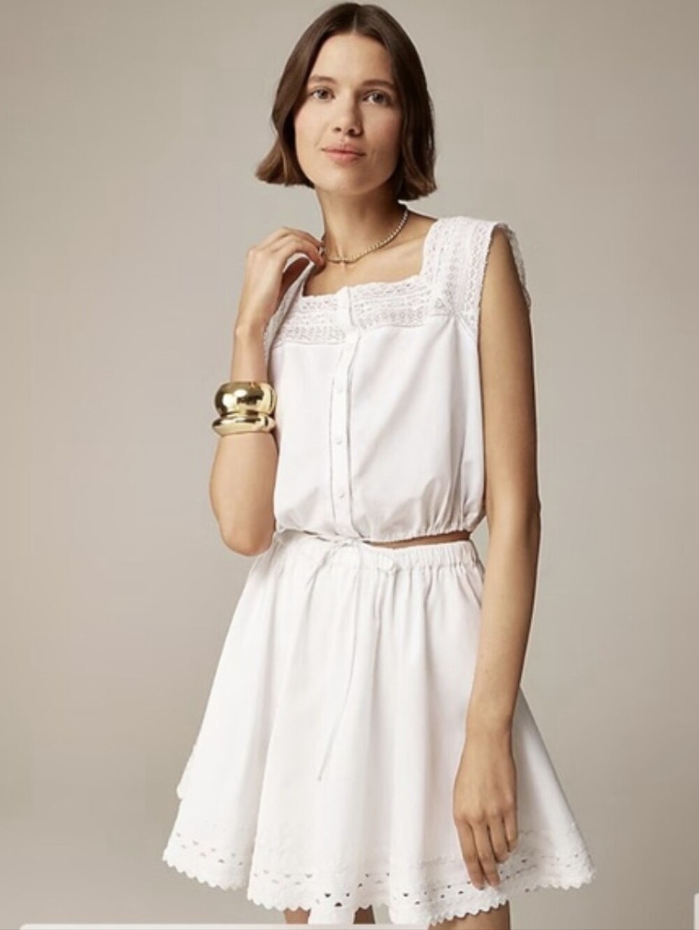 J Crew White Lace Button Up Tank Corset Cover Top Cotton L